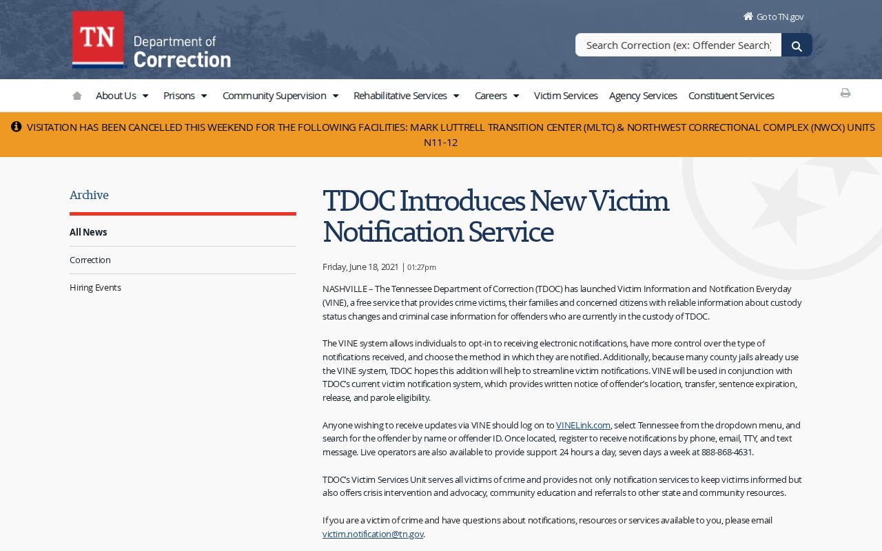TDOC VINE registration and Greene County custody alert information