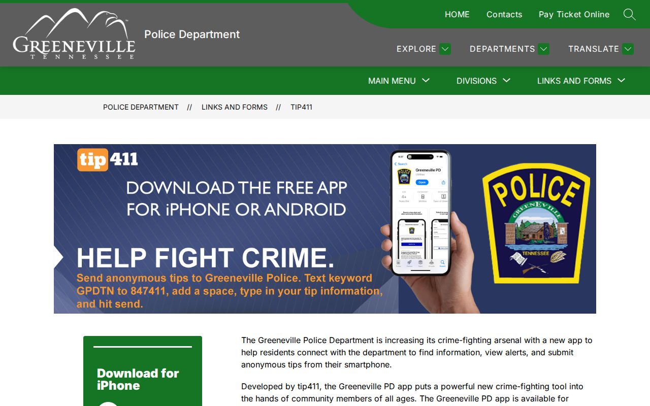 Greeneville Police tip411 arrest alerts and public safety service