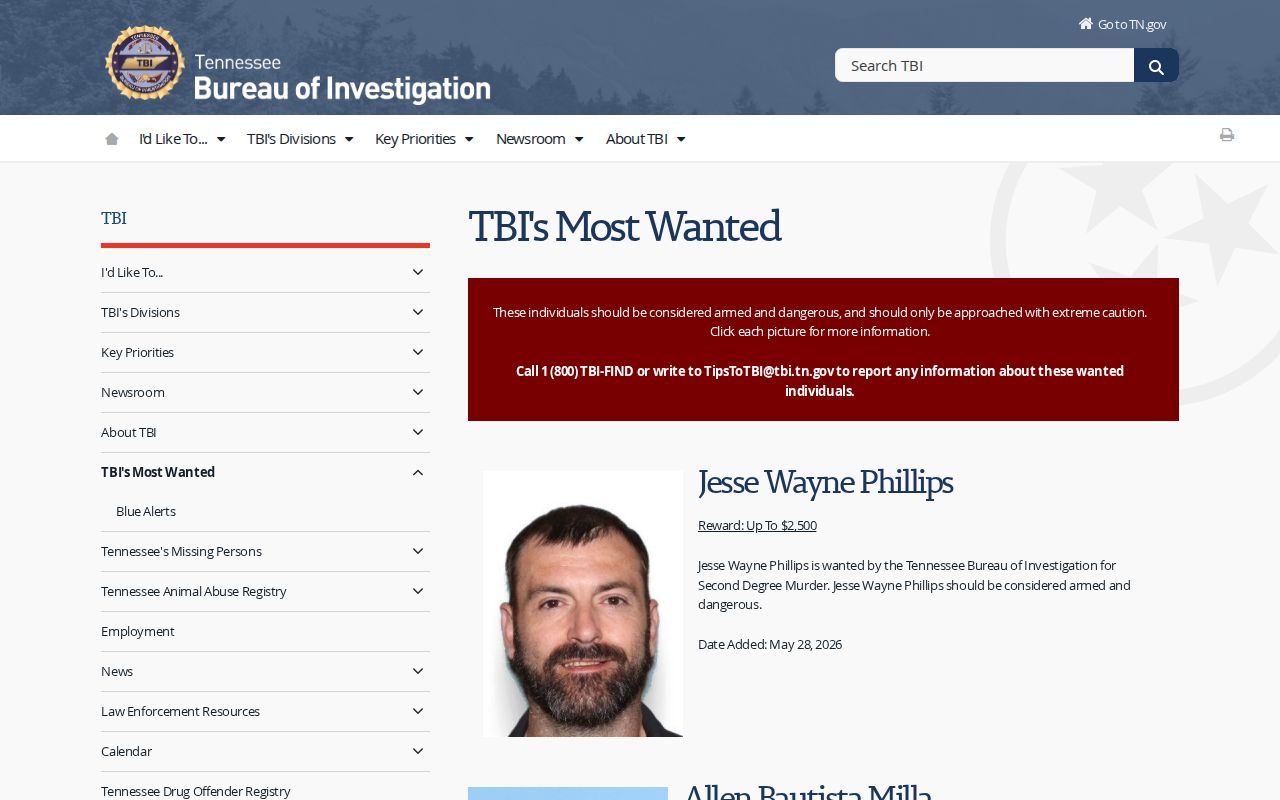 TBI statewide most wanted information relevant to Greene County warrants